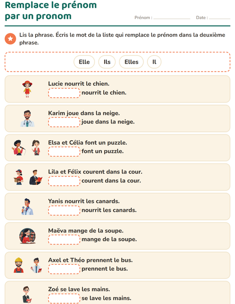 Aperçu de la fiche Les pronoms personnels sujets pour CP (cours préparatoire)