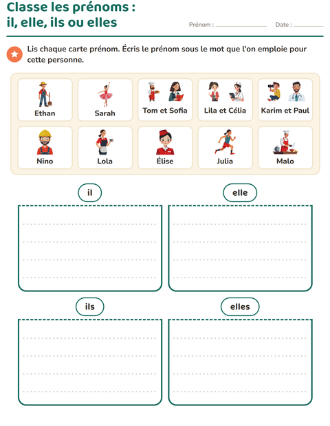 Aperçu de la fiche Les pronoms personnels sujets pour CP (cours préparatoire)
