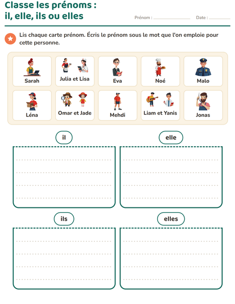 Aperçu de la fiche Les pronoms personnels sujets pour CP (cours préparatoire)