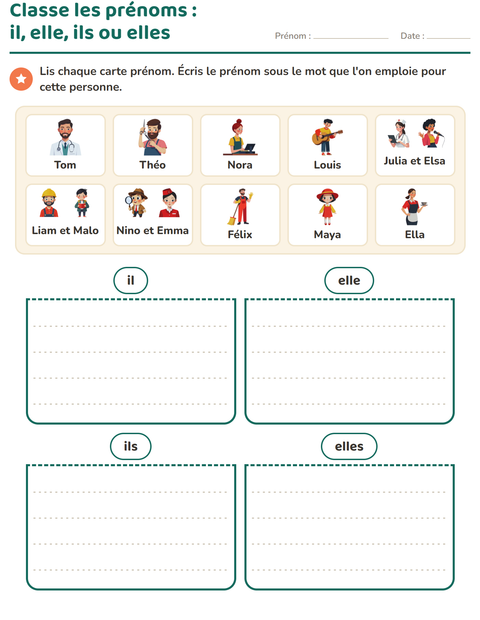 Aperçu de la fiche Les pronoms personnels sujets pour CP (cours préparatoire)