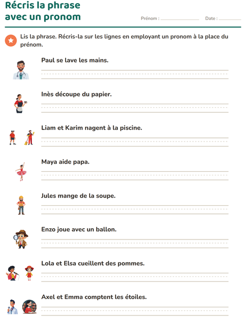 Aperçu de la fiche Les pronoms personnels sujets pour CE1 (cours élémentaire 1)