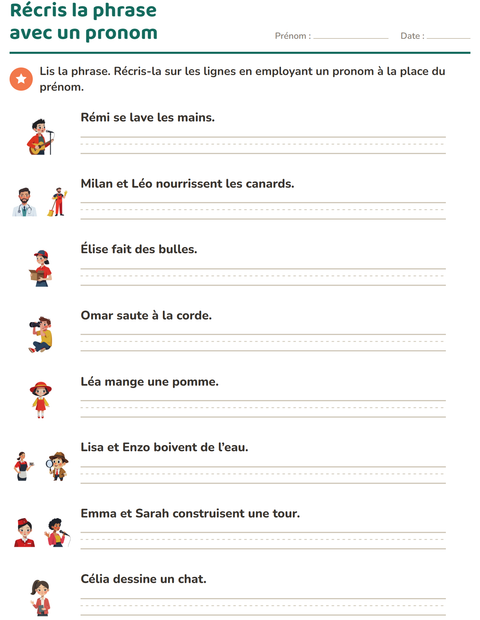 Aperçu de la fiche Les pronoms personnels sujets pour CE1 (cours élémentaire 1)