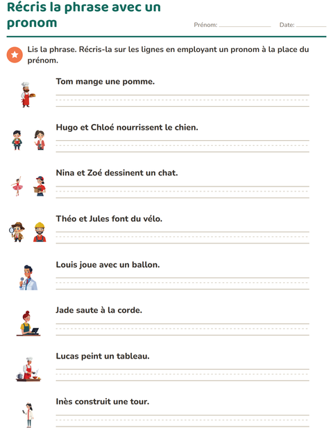 Aperçu de la fiche Les pronoms personnels sujets pour CE1 (cours élémentaire 1)