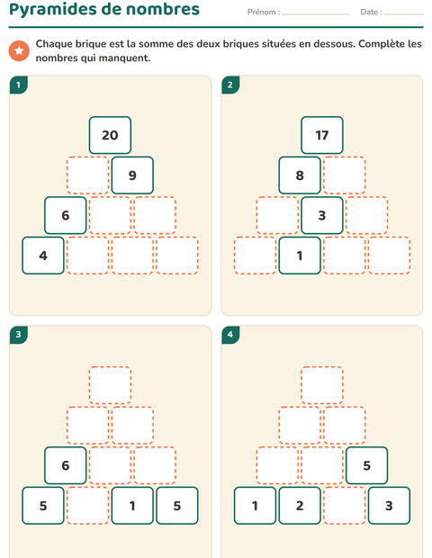 Aperçu de la fiche Pyramides de nombres pour CP (cours préparatoire)