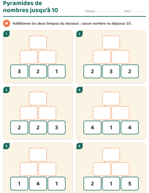 Aperçu de la fiche Pyramides de nombres pour CP (cours préparatoire)