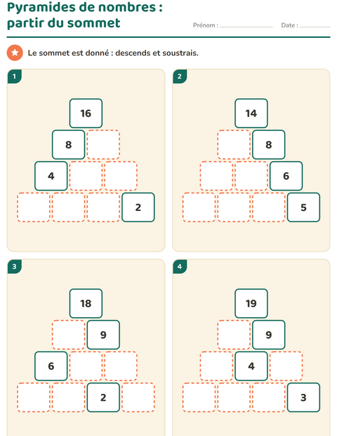 Aperçu de la fiche Pyramides de nombres pour CP (cours préparatoire)