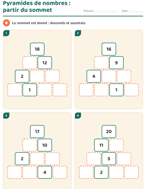Aperçu de la fiche Pyramides de nombres pour CP (cours préparatoire)