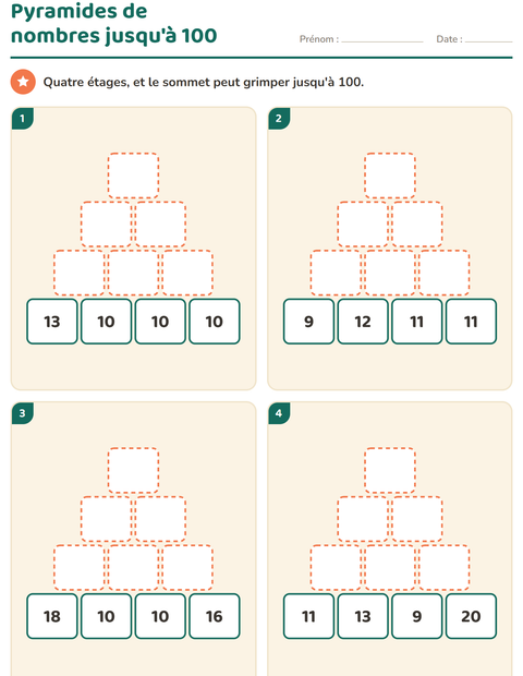 Aperçu de la fiche Pyramides de nombres pour CE1 (cours élémentaire 1)
