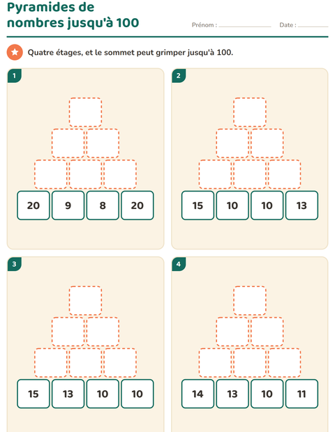 Aperçu de la fiche Pyramides de nombres pour CE1 (cours élémentaire 1)