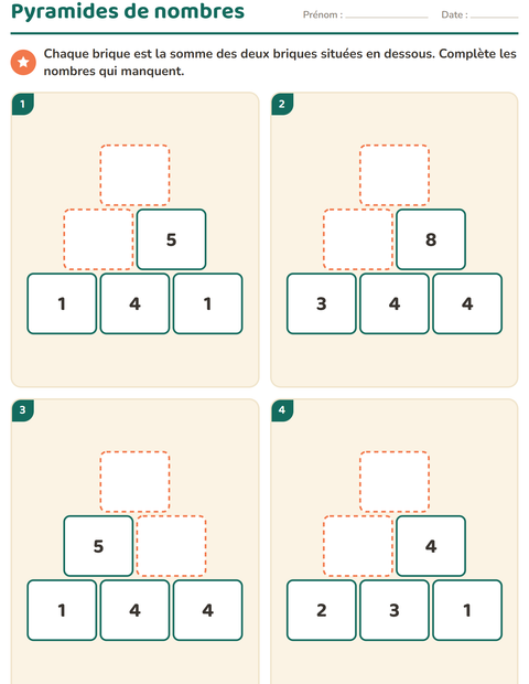 Aperçu de la fiche Pyramides de nombres pour CP (cours préparatoire)