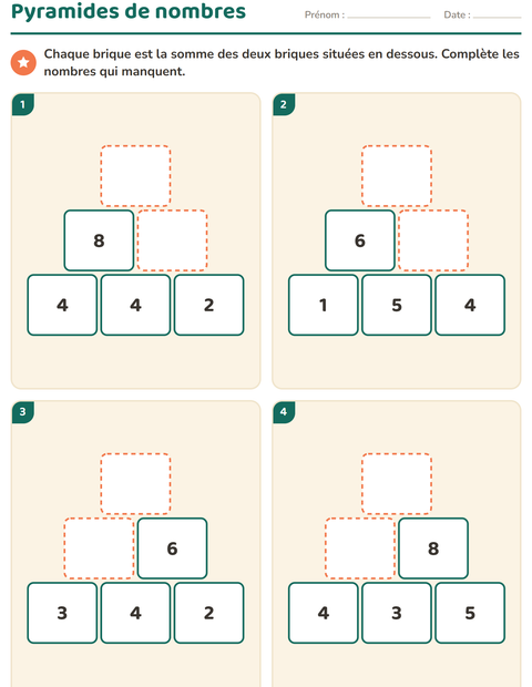 Aperçu de la fiche Pyramides de nombres pour CP (cours préparatoire)