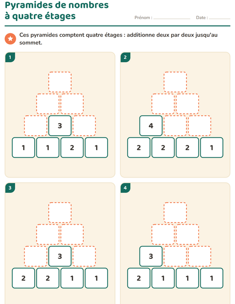 Aperçu de la fiche Pyramides de nombres pour CP (cours préparatoire)