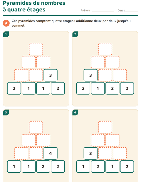 Aperçu de la fiche Pyramides de nombres pour CP (cours préparatoire)