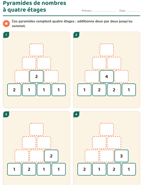 Aperçu de la fiche Pyramides de nombres pour CP (cours préparatoire)