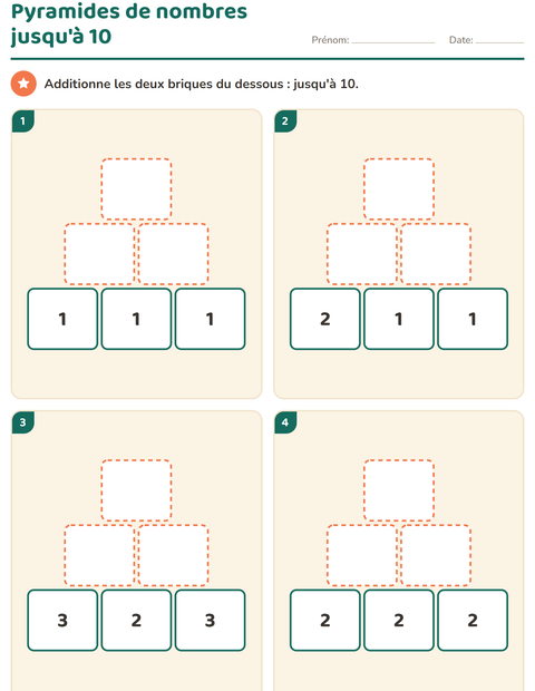Pyramides de nombres jusqu'à 10 : quatre murs à trois étages