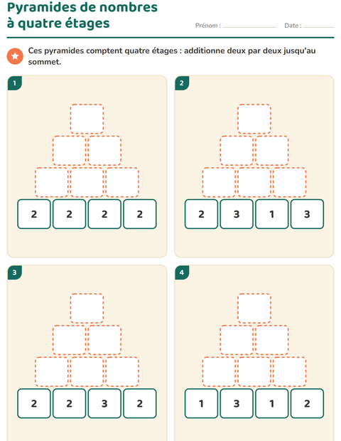 Aperçu de la fiche Pyramides de nombres pour CP (cours préparatoire)
