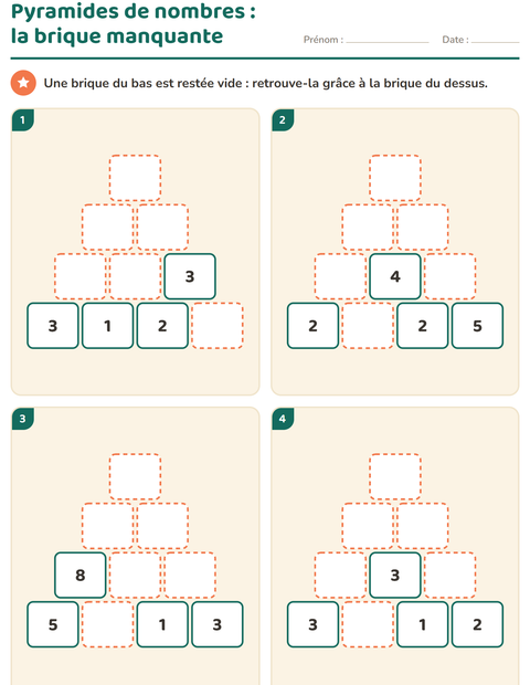 Aperçu de la fiche Pyramides de nombres pour CP (cours préparatoire)