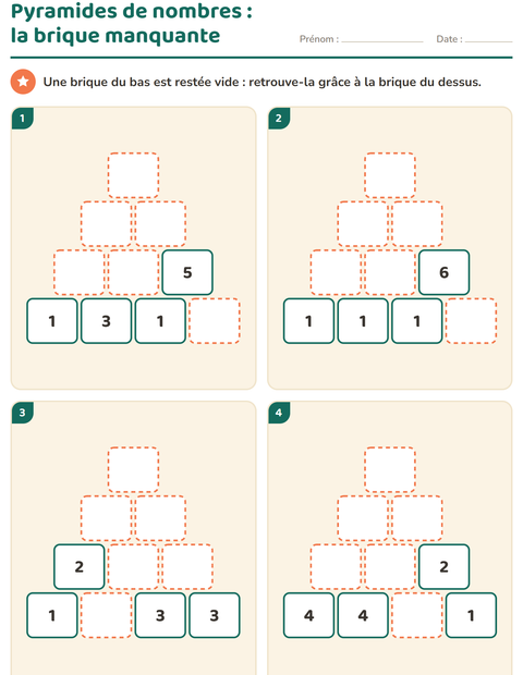 Aperçu de la fiche Pyramides de nombres pour CP (cours préparatoire)