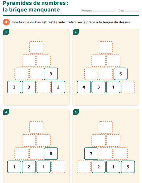 Aperçu de la fiche Pyramides de nombres pour CP (cours préparatoire)