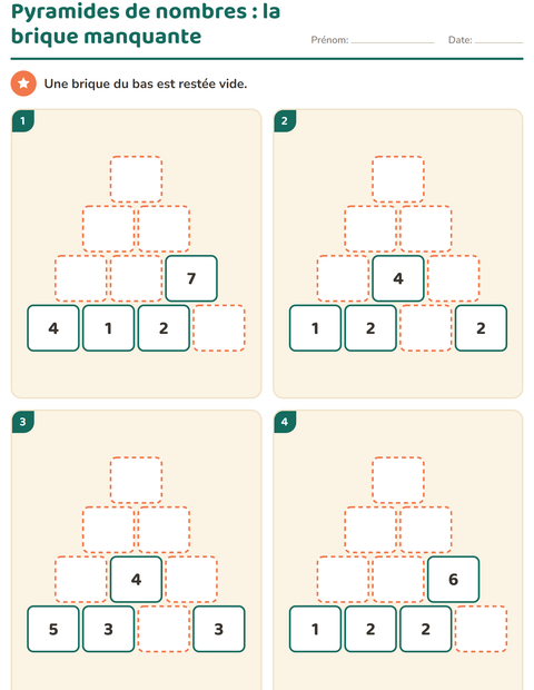 Aperçu : Pyramides de nombres : retrouver la brique manquante de la base