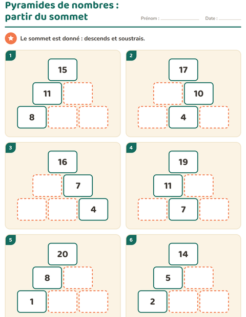 Aperçu de la fiche Pyramides de nombres pour CP (cours préparatoire)