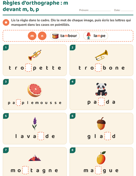 Règles d'orthographe : écrire la lettre de la règle sous chaque image