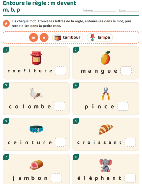 Entourer la règle : trouver la lettre m ou n dans le mot entier