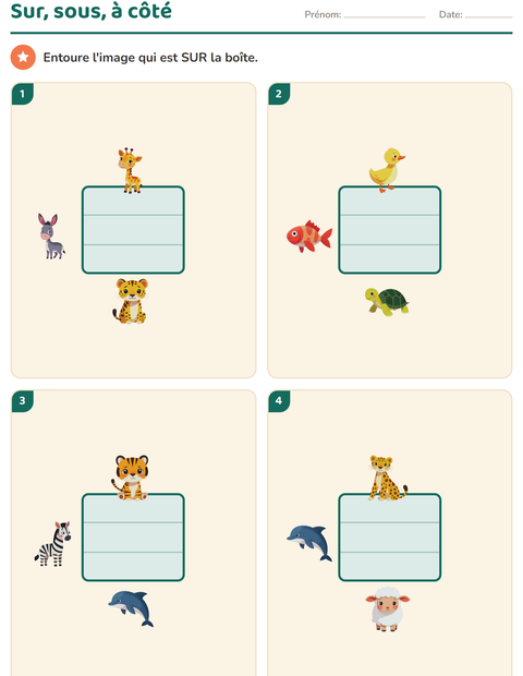 Aperçu de la fiche Se repérer dans l'espace avec Animaux pour École maternelle (grande section, 5-7 ans)