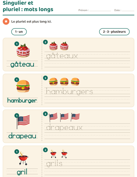 Aperçu de la fiche Singulier et pluriel avec 4 juillet pour École maternelle (grande section, 5-7 ans)