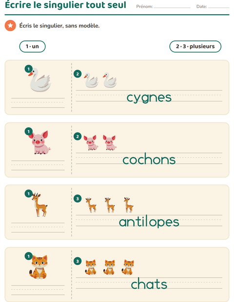 Écrire le singulier sans modèle : quatre animaux