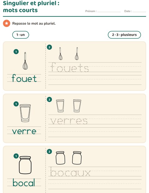 Aperçu de la fiche Singulier et pluriel avec Cuisine NB pour École maternelle (grande section, 5-7 ans)