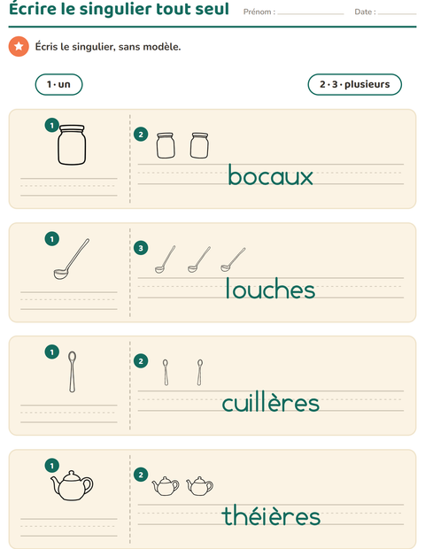 Aperçu de la fiche Singulier et pluriel avec Cuisine NB pour École maternelle (grande section, 5-7 ans)