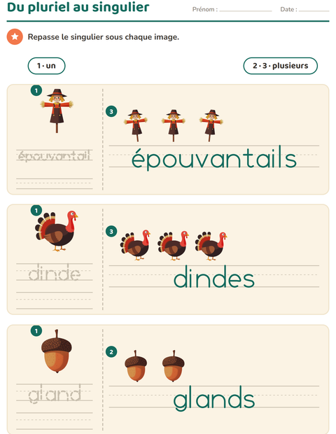 Aperçu de la fiche Singulier et pluriel avec Action de grâce pour École maternelle (grande section, 5-7 ans)