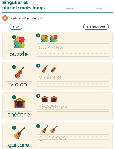 Aperçu de la fiche Singulier et pluriel avec Activités pour École maternelle (grande section, 5-7 ans)