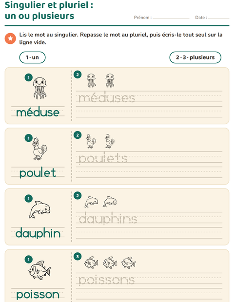 Aperçu de la fiche Singulier et pluriel avec Animaux NB 3 pour École maternelle (grande section, 5-7 ans)