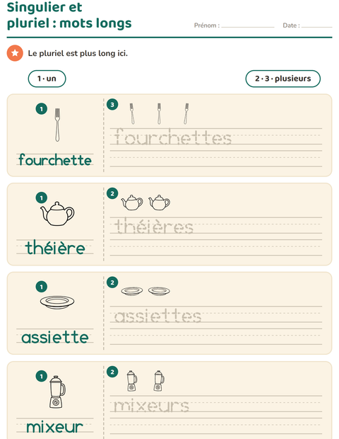 Aperçu de la fiche Singulier et pluriel avec Cuisine NB pour École maternelle (grande section, 5-7 ans)