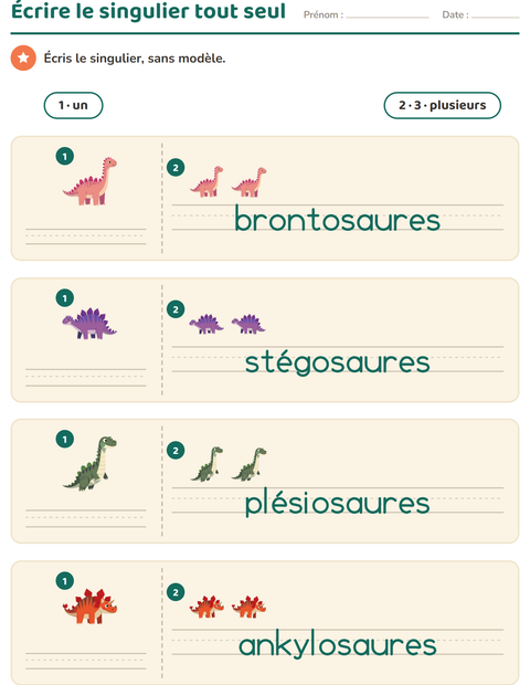 Aperçu de la fiche Singulier et pluriel avec Dinosaures pour École maternelle (grande section, 5-7 ans)