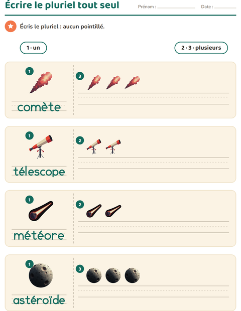 Aperçu de la fiche Singulier et pluriel avec Espace pour École maternelle (grande section, 5-7 ans)