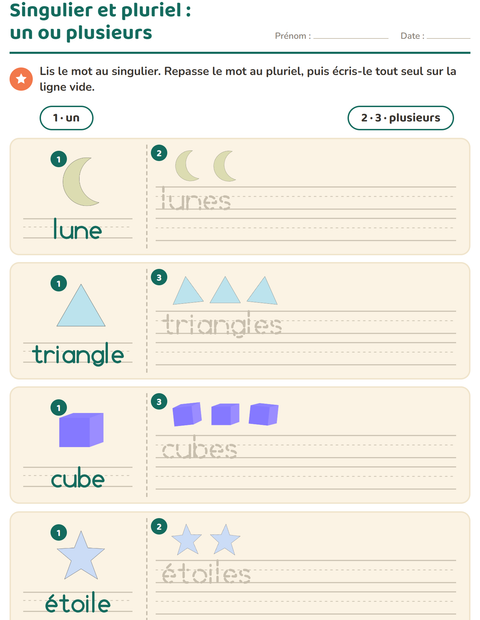 Aperçu de la fiche Singulier et pluriel avec Formes pour École maternelle (grande section, 5-7 ans)