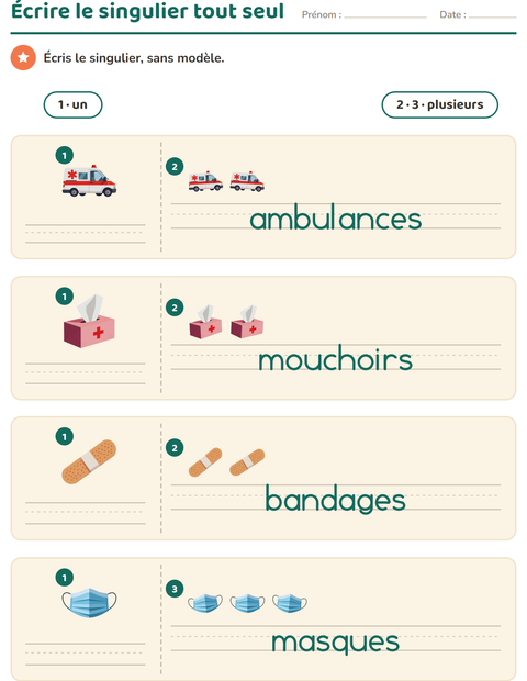 Aperçu de la fiche Singulier et pluriel avec Hôpital pour École maternelle (grande section, 5-7 ans)