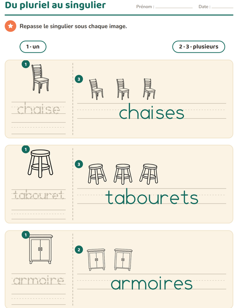 Aperçu de la fiche Singulier et pluriel avec Meubles NB pour École maternelle (grande section, 5-7 ans)
