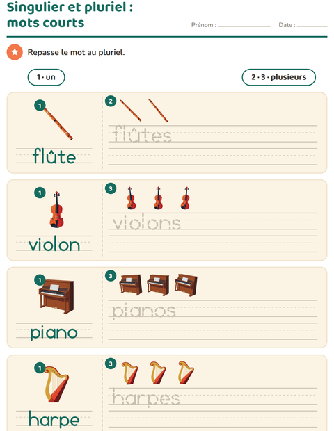 Aperçu de la fiche Singulier et pluriel avec Musique pour École maternelle (grande section, 5-7 ans)
