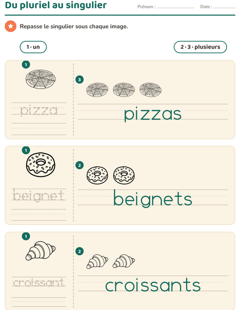 Aperçu de la fiche Singulier et pluriel avec Nourriture NB pour École maternelle (grande section, 5-7 ans)