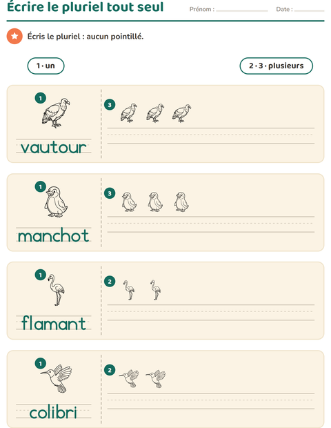 Aperçu de la fiche Singulier et pluriel avec Oiseaux N&B pour École maternelle (grande section, 5-7 ans)
