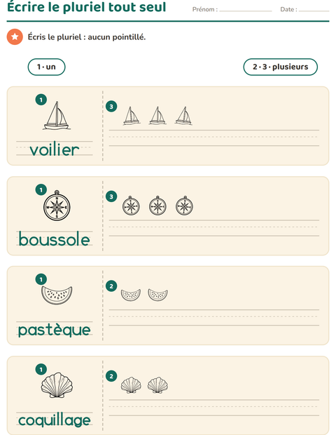 Aperçu de la fiche Singulier et pluriel avec Plage NB pour École maternelle (grande section, 5-7 ans)
