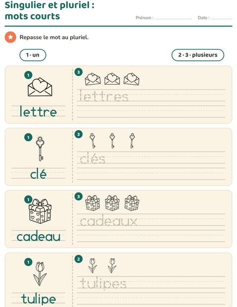 Aperçu de la fiche Singulier et pluriel avec Saint-Valentin NB 2 pour École maternelle (grande section, 5-7 ans)