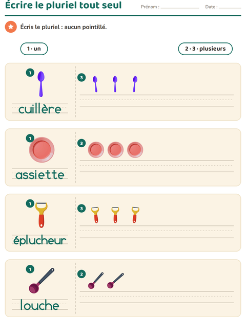 Aperçu de la fiche Singulier et pluriel avec Ustensiles de cuisine pour École maternelle (grande section, 5-7 ans)