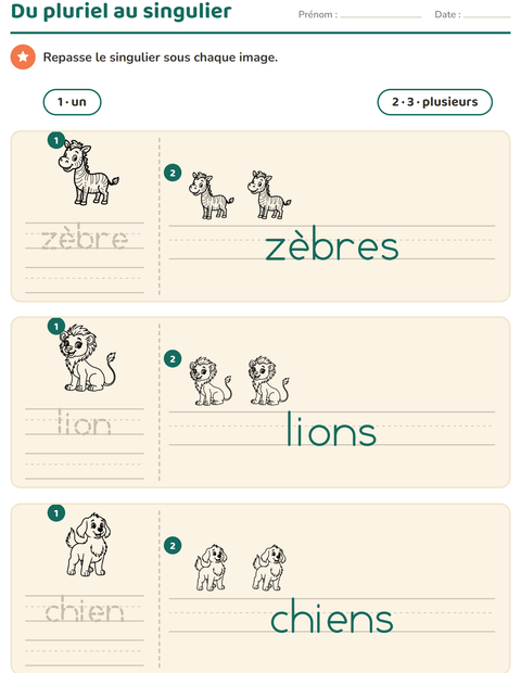 Aperçu de la fiche Singulier et pluriel avec Animaux du zoo NB pour École maternelle (grande section, 5-7 ans)