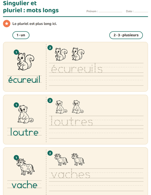 Aperçu de la fiche Singulier et pluriel avec Animaux NB pour École maternelle (grande section, 5-7 ans)