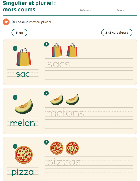 Aperçu de la fiche Singulier et pluriel avec Au supermarché pour École maternelle (grande section, 5-7 ans)